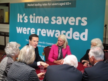 Chancellor George Osborne and Amanda Milling, Pensioner Bond launch near Cannock